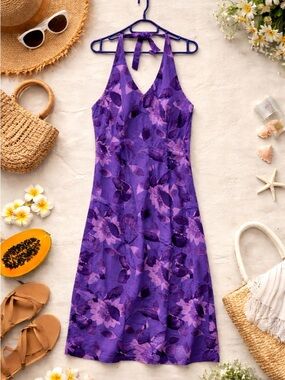 Vintage Monsoon Halter V-Neck Floral Dress in Purple
